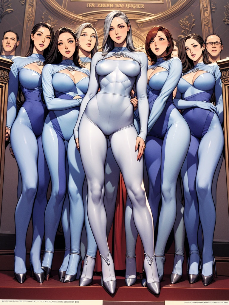 Full body picture:(masterpiece:1.2, best quality),(Very detailed),8K,wallpapeve women standing in a row,Full body picture,All wearing pantyhose,Figure skater,Tall figure,Long legs,muscular,((Silver Metal Squadron))