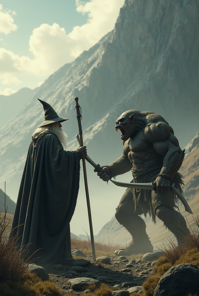 Create image of Gandalf defeating an Ork in a fight in Middle Earth near Mordor and Mount Doom .