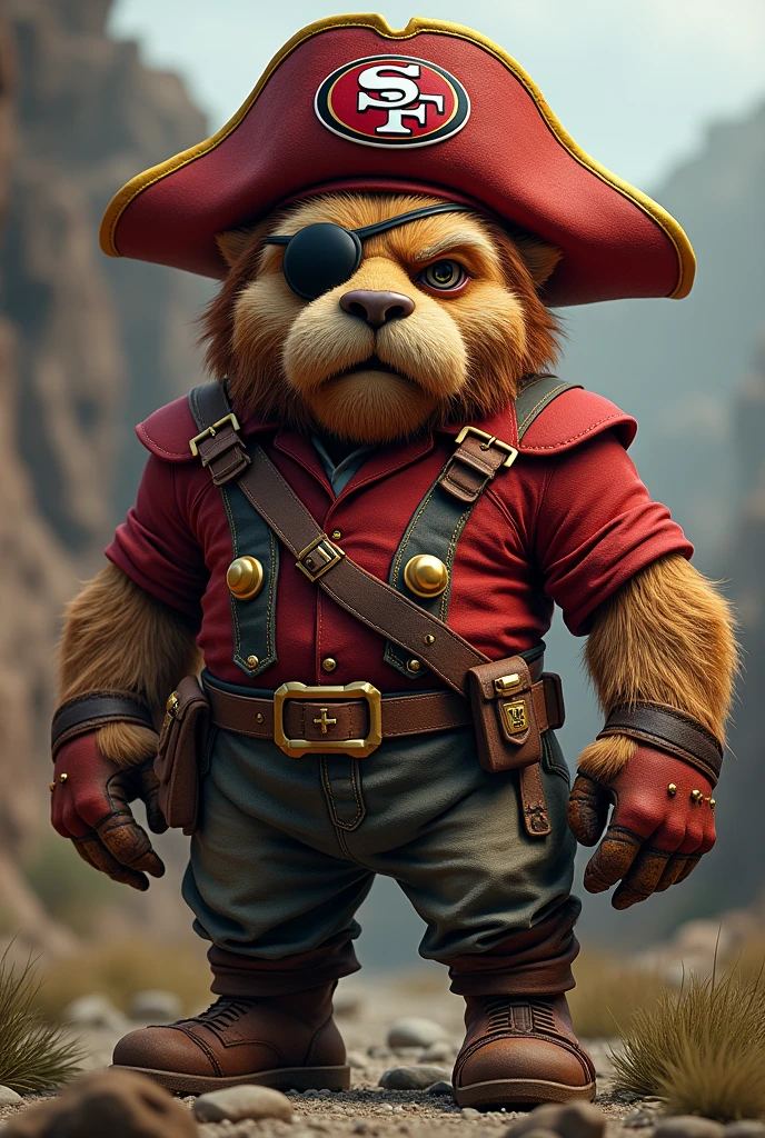 A miner style mascot for the Francisco 49ers, wearing the 49ers colors but the face being the pirate from the Raiders symbol with an eye patch and pirate hat
