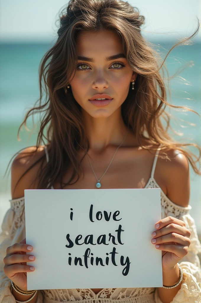 Beautiful girl with wavy long hair, bohemian dress, holding a white board with text "I Love Seaart Infinity" and showing it to the viewer
