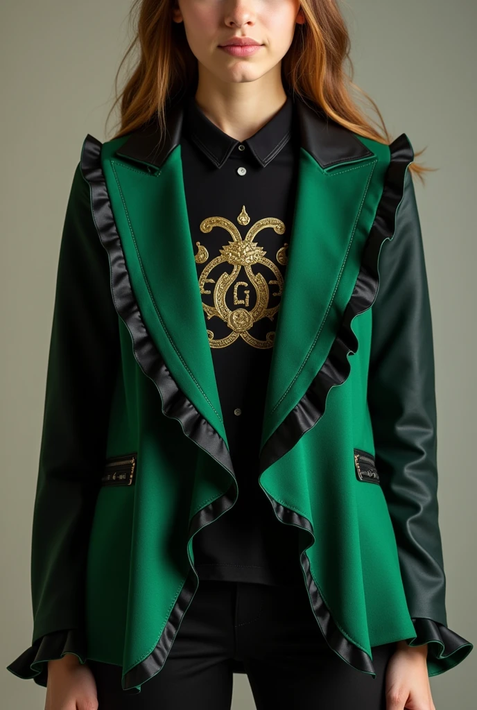 Youth jackets for the 11th grade prom with green and black ruffles and a unique logo