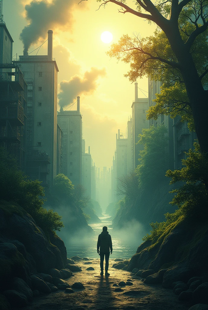 Create an image with two realities, one where a grey district and the other a district with trees and sunshine.