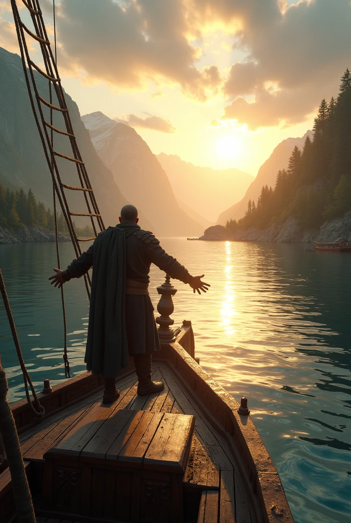The morning sun is shining。Man on a Viking ship。The man has his arms outstretched。You'll soon arrive at your destination。The destination is right in front of you。