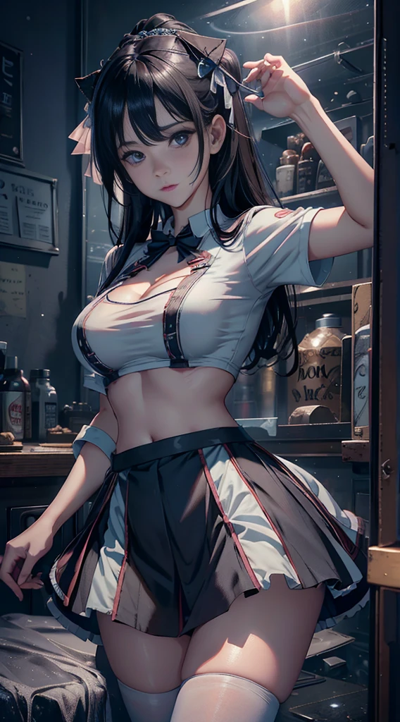1 sister, black hair color hair, whiteskirt, under bust shirt,a skirt, perfect eyes, perfect hand, Ultra-high resolution,twilight,Cloud, Movie Angle, profesional lighting, Best quality at best, tmasterpiece, Side seams, Sharp, Perfect focus,corner store,dream-like_A WORLD,(Elaborate Eyes:1.3),realistically,(3D Face:1.1),(Glow skin:1.5),(Ultra high resolution complex facial details skin pores:1.3),Ultra-high resolution fabric texture,8k eye details,8K primary school students,