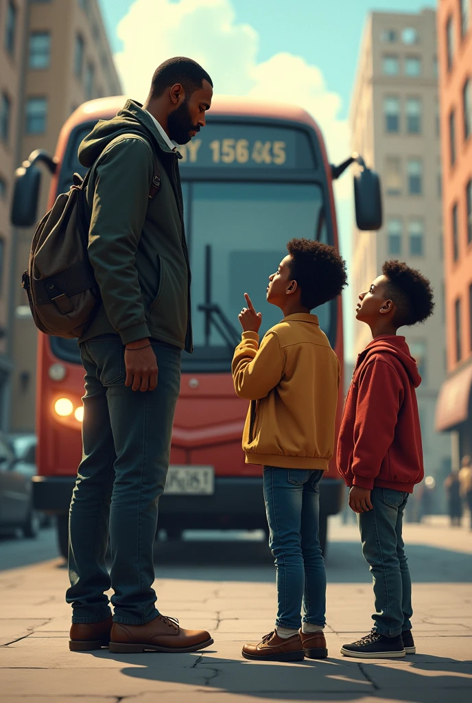 A black man with two boys pointing at a bus