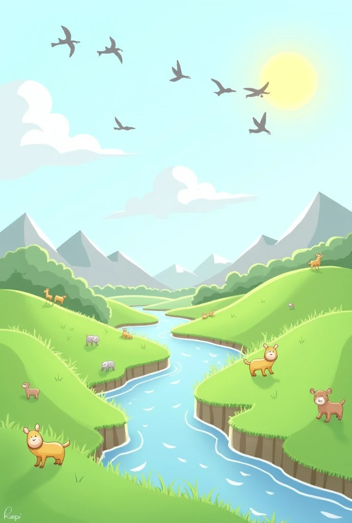 Make a drawing simulating that it was made in photoshop by a novice student, The drawings must contain the following characteristics:: sky, clouds and sun. Minimum 5 birds from different mountains, river and grass. minimum 3 animals of different shapes. that is not hyperrealistic, Simple Algo.
simpler, not so realistic