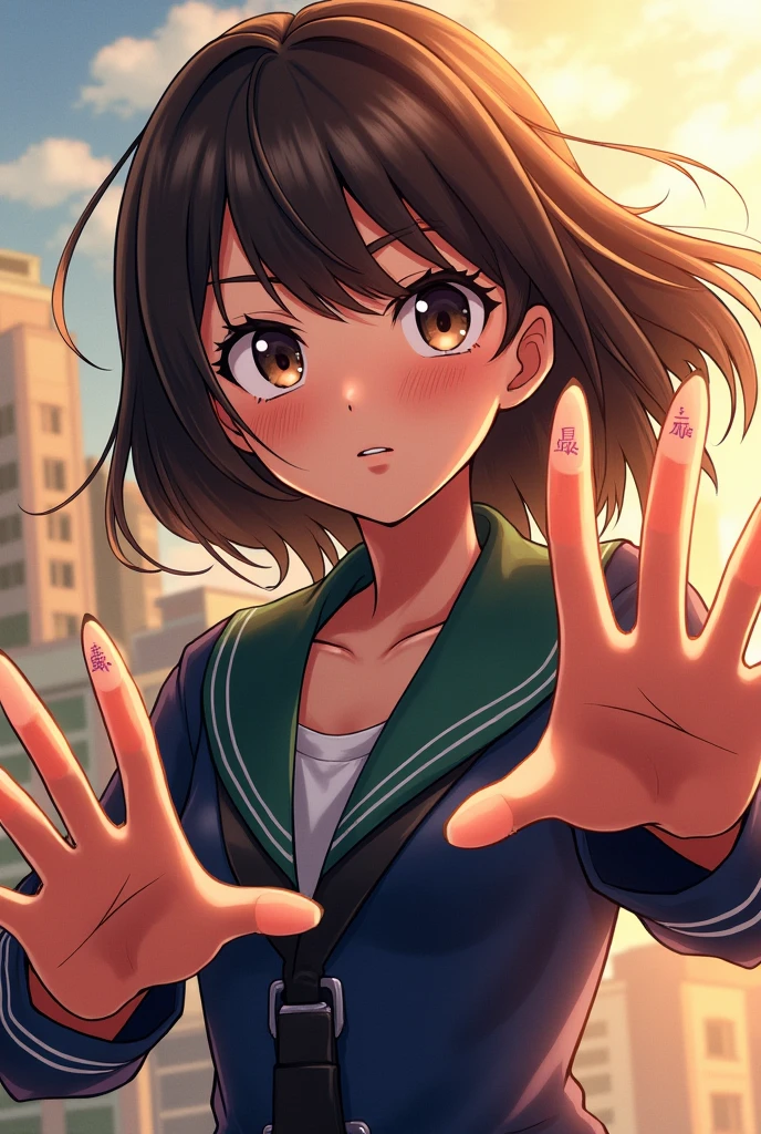 Boku no Hero Academia,girl with dark brown shoulder length hair,cinnamon-colored skin,Huniform nail with the character of Tamaki Amajiki
