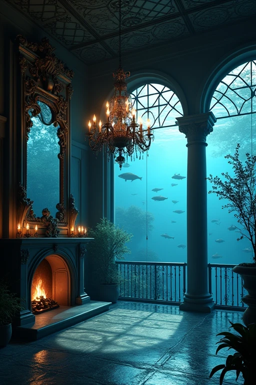 Gothic architecture, chandelier, black and blue atmosphere, house in the sea、The windows are big and fish are swimming outside、mirror、Decorative Picture Frame、The ceiling has a black iron lattice.、The room is separated from the sea by a glass window.、Study、fireplace、The floor is also transparent、Candles