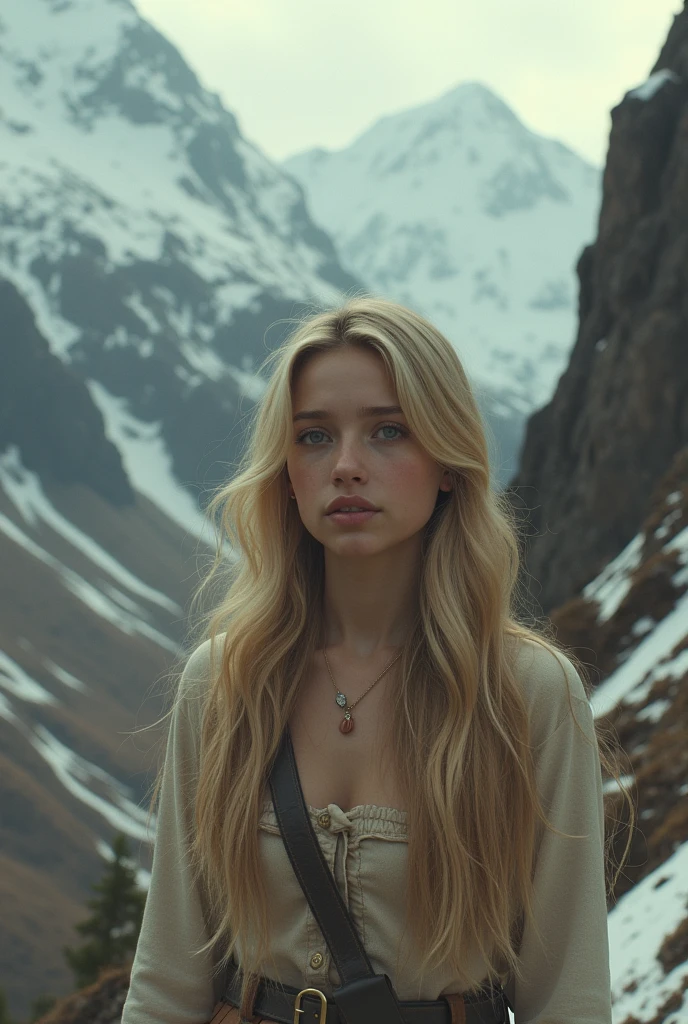 (photorealism:1.2), Create a girl resembling the influencer and singer Havanna Winter in the style of a 1972 Uruguayan photo of the Andes accident in the mountain range With blonde hair.