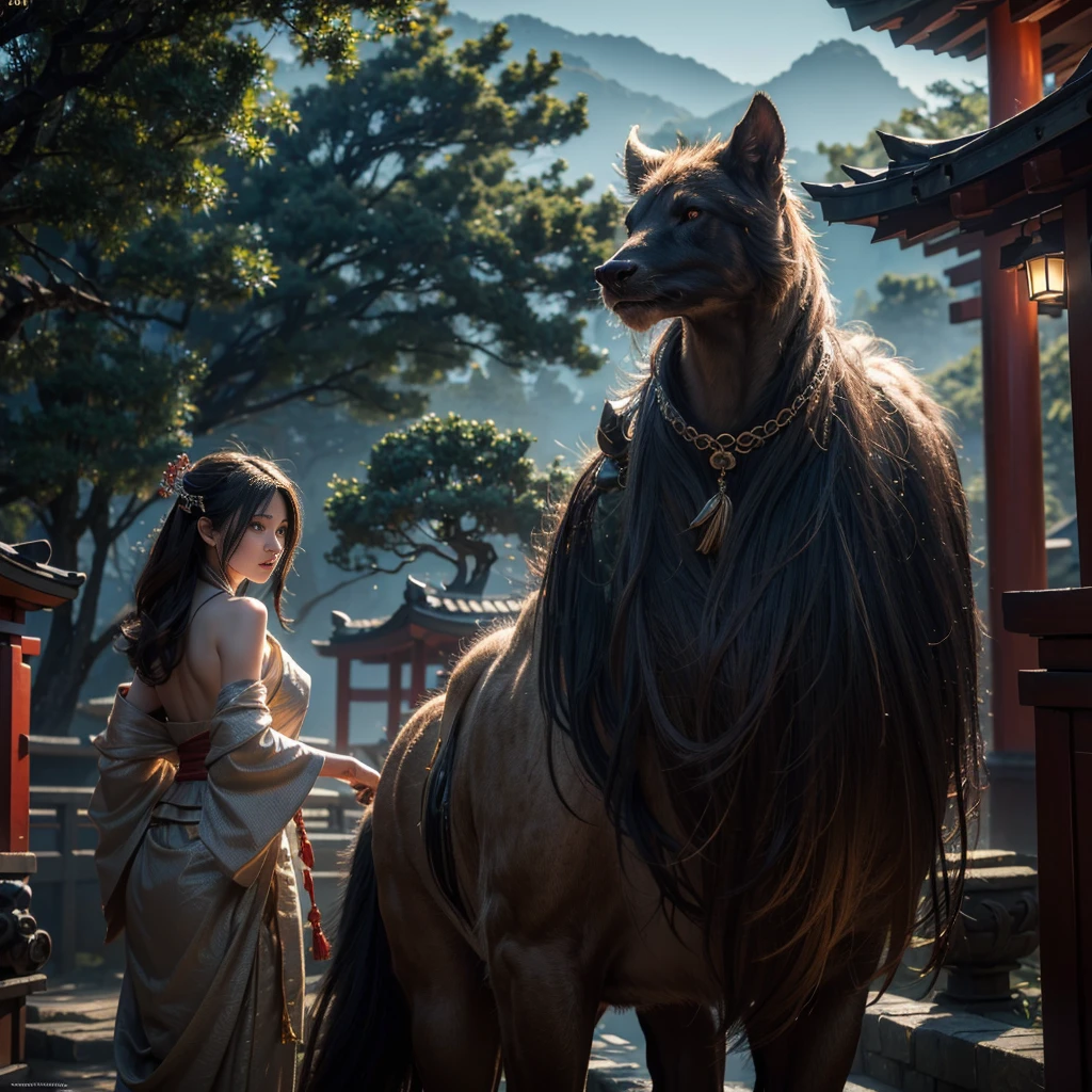 (8K, RAW Photo, Top Quality, Refined Details, Masterpiece: 1.2), (High Resolution 8K Wallpaper), Sharp Focus, Professional Lighting, Depth of Field, Cinematic Lighting, Background Blur,A scene featuring divine beasts and shrine maidens, inspired by Japanese mystical tales.