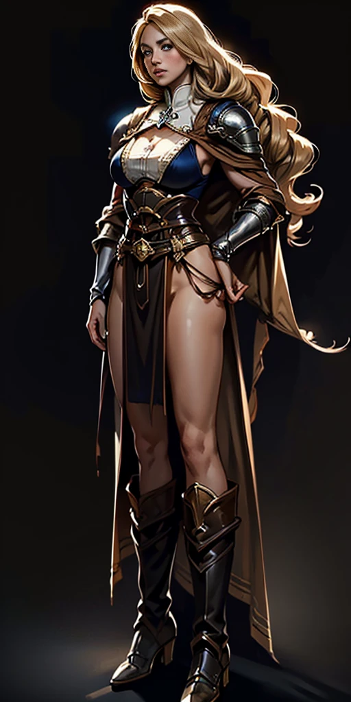 (masterpiece, best quality) (black background) full body standind straight symmetrical, FEMALE warrior princess Mercedez Von Martritz, twin big belt around waist, long curly blonde hair, very white skin, female wearing full body bikini armor with red cape, brown leather boots, adventurer outfit, veteran warrior milf bimbo