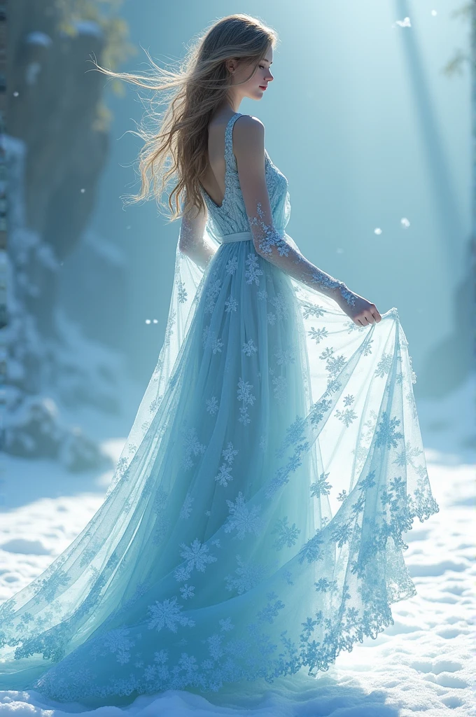 
long flowy dress, with a fabric that seems to be made of frozen flowers,  pale blue color, like ice in summer