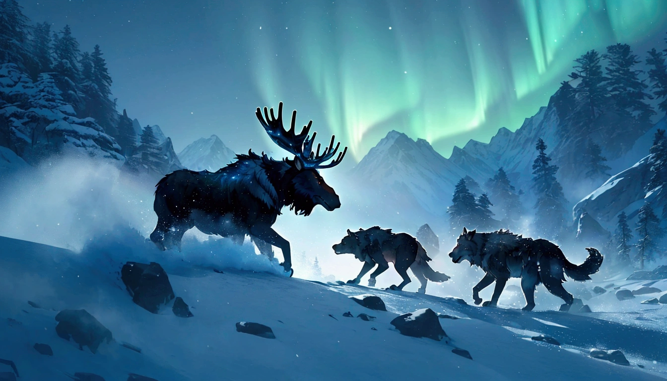 A night view of the rugged rocky terrain at high altitude in a cold region, with snow visible and a mountain range in the distance、Total length of the escape system5A giant 1m long moose is violently attacked by multiple 1m long wolves.、Snow and smoke from the battle、Snow is flying in the air during a snowstorm、A moment of weightlessness、See the rainbow-coloured aurora、A huge, hairy yeti is walking in the distance.、Detailed fur、Sparkling diamond dust is generated in the atmosphere in large quantities