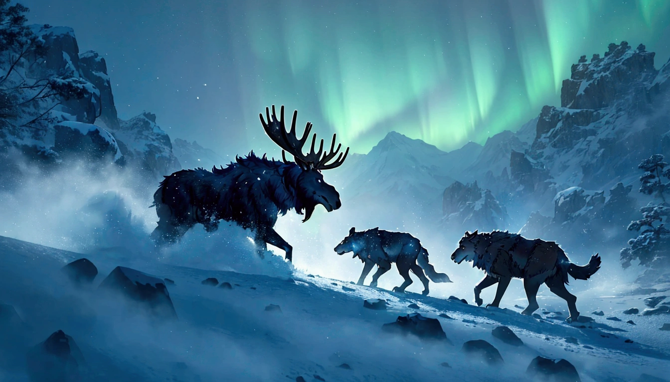 A night view of the rugged rocky terrain at high altitude in a cold region, with snow visible and a mountain range in the distance、Total length of the escape system５A giant 1m long moose is violently attacked by multiple 1m long wolves.、Snow and smoke from the battle、Snow is flying in the air during a snowstorm、A moment of weightlessness、See the rainbow-coloured aurora、A huge, hairy yeti is walking in the distance.、Detailed fur、Sparkling diamond dust is generated in the atmosphere in large quantities