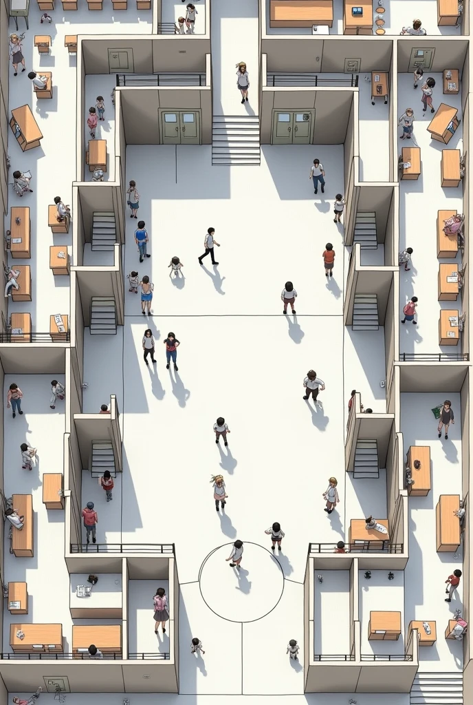 architectural floor plan of a large school with courtyard, ramps, several classrooms with chairs and tables