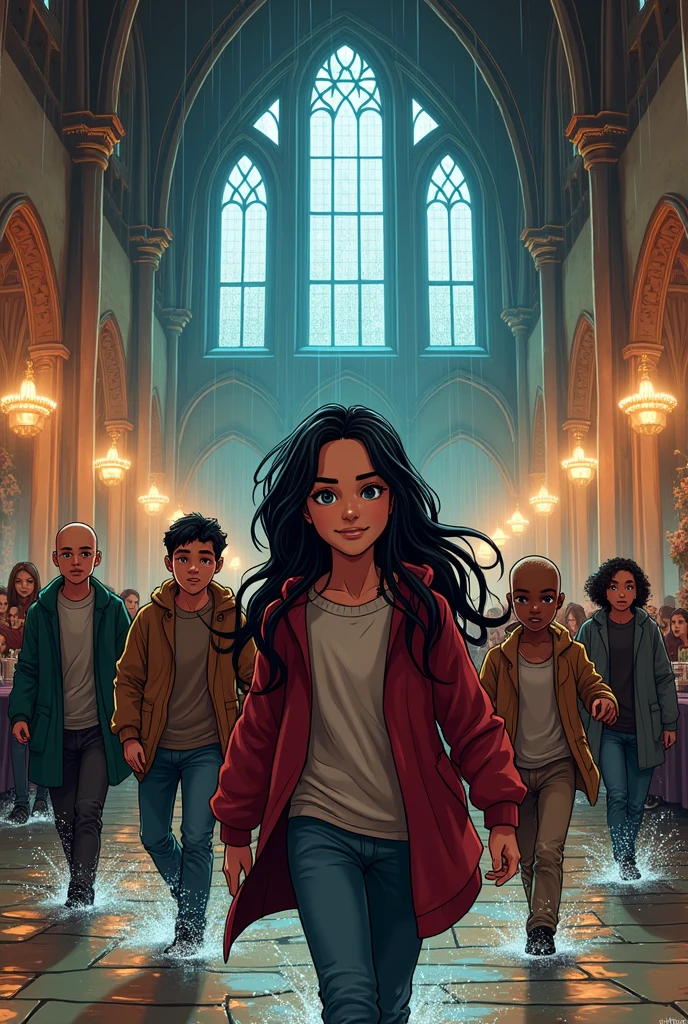 a white skinned girl, black hair long hair, gray eyed, another brown haired boy, and others with completely shaved hair, moreno. The three of them entering the Hogwarts dining hall soaked (comic style)