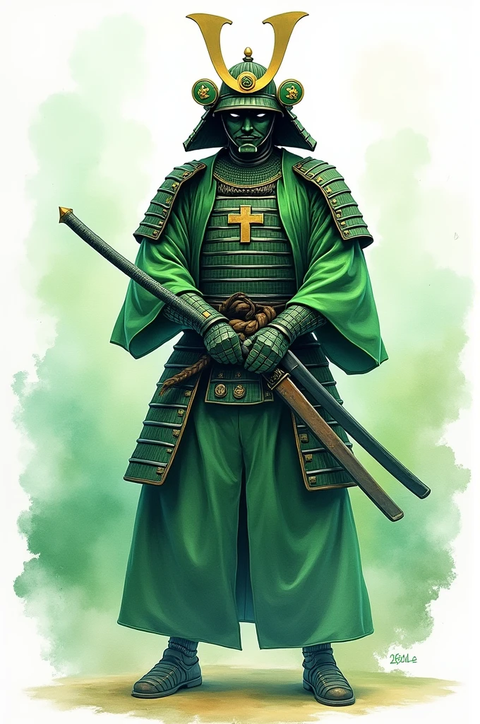 samurai painted in watercolor and green with the full body