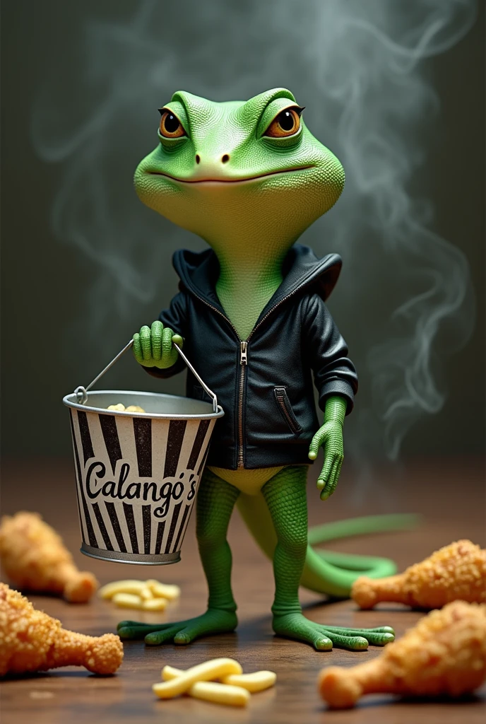 A realistic green lizard with a black and white outfit smiling holding a black and white striped bucket with the words Calango's written on it. The bucket with fried chicken drumsticks and French fries scattered on the floor, smoking