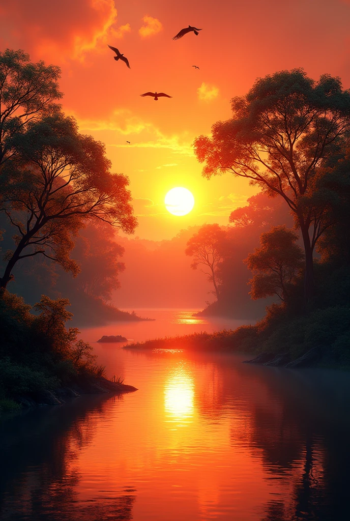 A sun set with red shining light from sun and birds are flying there and a beautiful river like a mirror with a jungle with green tree shining with the sun set 