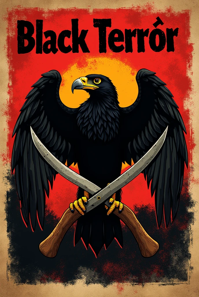 create a flag on top, highlight the name black terror in Brazilian Portuguese and a caracara below, two crossed sickles and a caracara in the middle, write 7b and make it really big, besides putting the name black terror on top