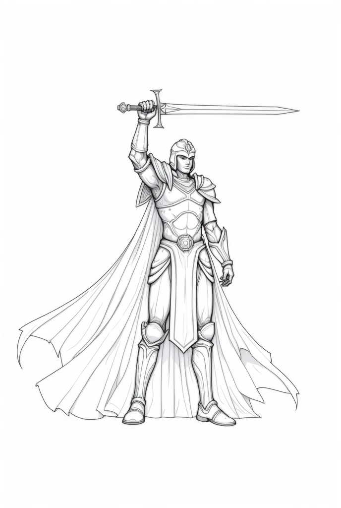 draw only with lines a paladin holding a sword from the front without armor