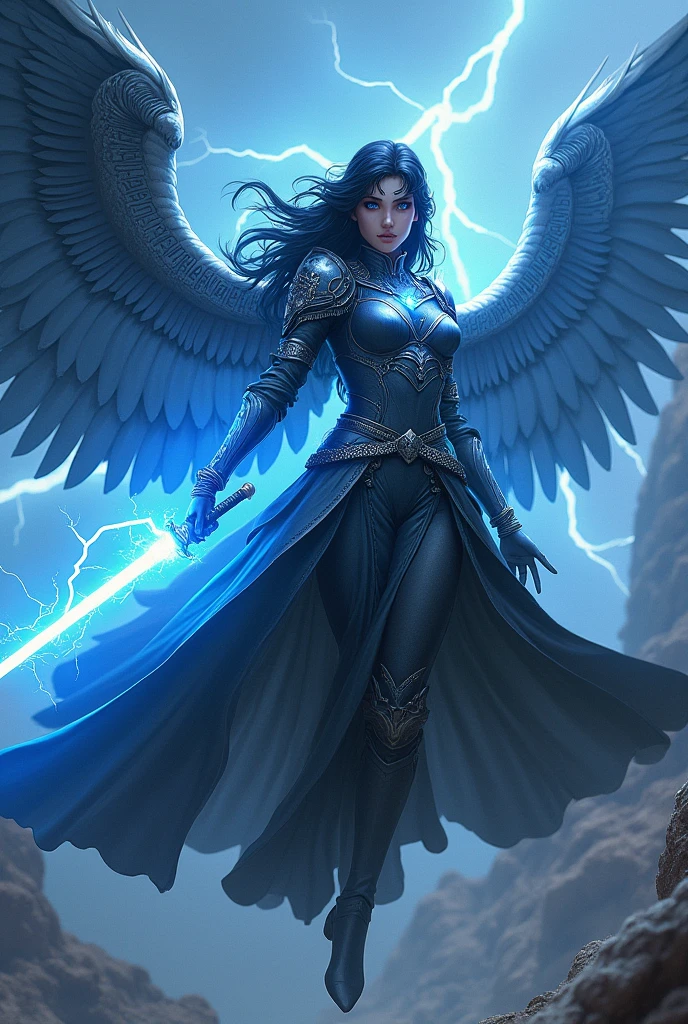 Angel Warrior (women )He masters blue lightning and uses a katana that radiates rays. His eyes shine blue light and he has a blue aura.,He has dark gray armor with silver engravings and a trench coat. His wings have Egyptian letters.  ( levitating in battle pose ) and ready to attack, with a look of great anger