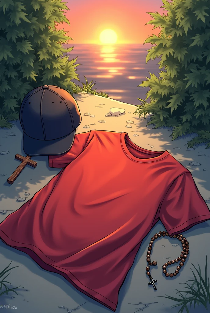 Wrinkled red t-shirt lying on the ground and next to it a baseball cap and a rosary 2d anime style very expressive and visually beautiful image anime Sun reflection