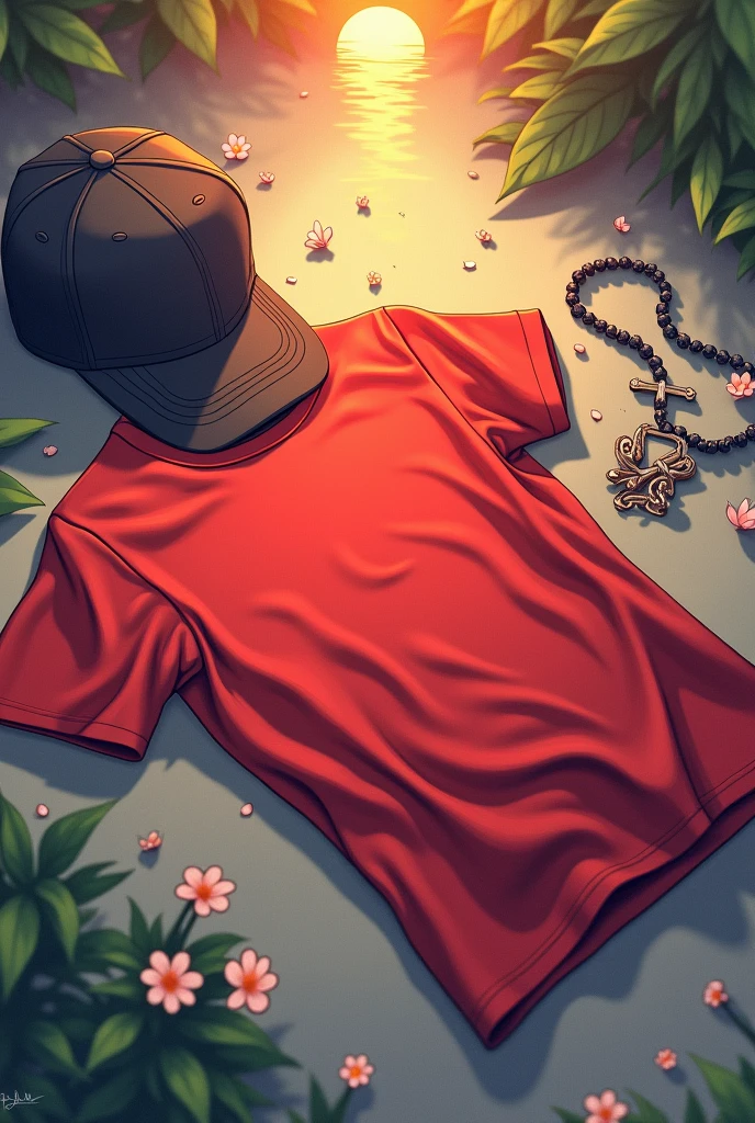 Wrinkled red t-shirt lying on the ground and next to it a baseball cap and a rosary 2d anime style very expressive and visually beautiful image anime Sun reflection