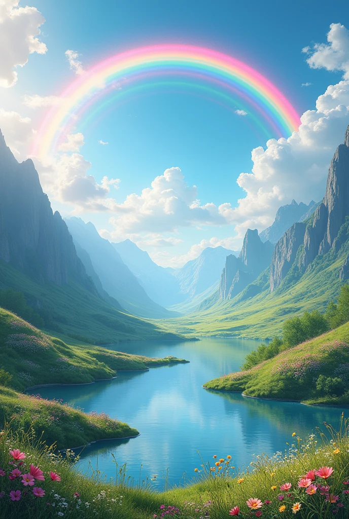 Fantasy world landscape with rainbow