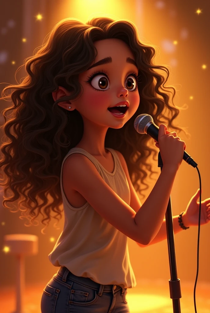 brunette girl.60 height curly hair , Singing