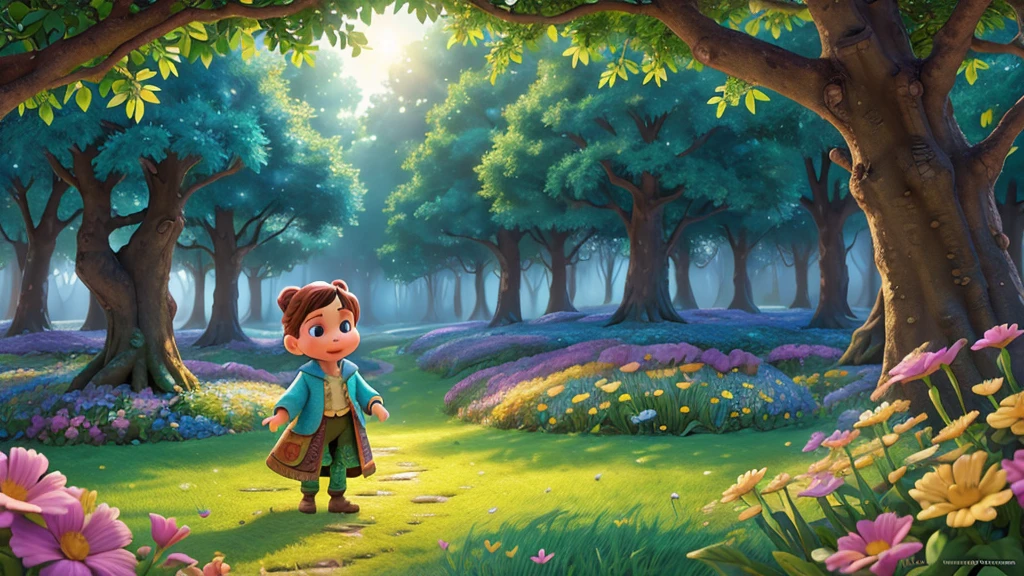 Close-up of a magical forest, ultra detailed, High resolution, HdR, masterpiece:1.2, realist, vibrant colors, Disney-Pixar style, Realistic representation, magical environment, charming atmosphere, dream landscape, Inspired by fairy tales, bright lights, fluid brushstrokes, intricate details, imaginative storytelling, Visually impressive, captivating composition, ethereal beauty, fantasy kingdom, charming characters, dynamic poses, animated expressions, vibrant suits, happy atmosphere, Color palette, dream clouds, shining sun, whimsical flowers, Cinematic quality, professional illustration, Intricate textures, Full of emotion, Magical moments,