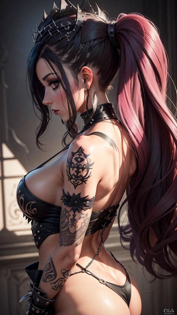 All intrincate details: "A side view illustration of Csilla, A 1 with a body identical to Priscilla Ricart with a distinctive combination of punk and gothic style. In this view, Csilla's long wavy blue hair can be seen falling to one side, showing her two braids adorned with large bows and silver flower-shaped brooches. His deep blue eyes are visible from the side, keeping a serene and melancholic look. She is wearing a white blouse with lace and sheer details., with a wide V-neckline adorned with a black cross. Her black miniskirt with a decorative belt, which includes pendants such as a crescent moon shaped amulet, It is also visible from the side. Csilla's legs show a black fishnet stocking on one leg and a white bandage with a black cross on the other.. She is wearing black fingerless gloves, with one of them featuring a mesh design, and black shoes with buckles, combined with white socks with ruffles. The background is a futuristic cityscape, but the focus is on Csilla's side profile, capturing its unique and detailed appearance, ((50% nude))"
