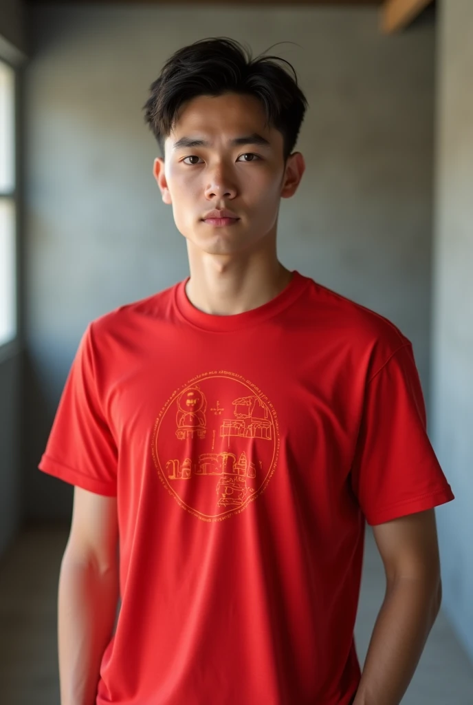 a real young man standing with a red t-shirt mockup