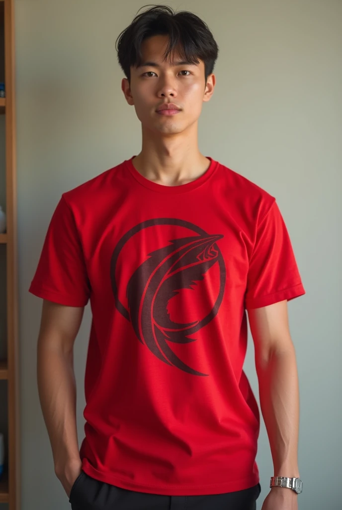 a real young man standing with a red t-shirt mockup