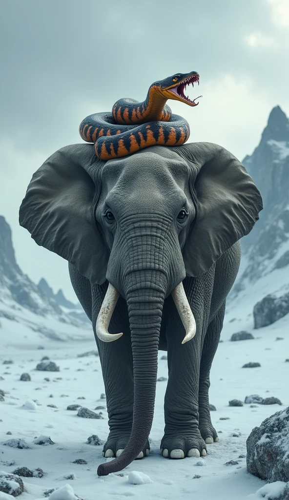 A vicious snake stands on the back of an elephant lost in a snowy landscape.   The vivid orange and black stripes of the snake contrast with the visible scars.   The view is breathtaking, with a background of glaciers and a cloudy sky with mysterious light surrounding the animals.