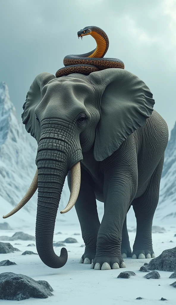 A vicious snake stands on the back of an elephant lost in a snowy landscape.   The vivid orange and black stripes of the snake contrast with the visible scars.   The view is breathtaking, with a background of glaciers and a cloudy sky with mysterious light surrounding the animals.