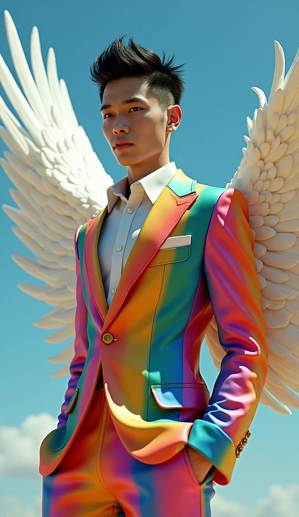 Young man with short black spiky hair slicked back with some colored tips, colorful elegant suit with rainbow color palette in vibrant hues, big white angel wings, White sneakers, epic pose, 独奏, precise, Masterpiece artwork, High details, macro photography, cinematic lighting, 3D rendering, conceptual artwork