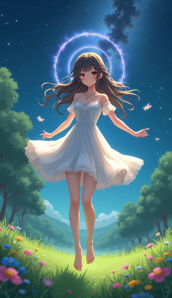 (masterpiece、Highest quality、8k、High resolution)、1 female、Beautiful eyes with slit length、Cute lips、Beautiful Nose、Brownish black hair、smile、(Best anime girl)、Green grassland with forest view、Walking,(Flying barefoot, high, high, high),Colorful flowers blooming in the field,A bright night with the stars clearly visible、milky way、Mysterious light particles from the whole body、Colorful light particles、A mysterious light shining around your head、melt、jewelry、necklace、White lace dress、(Beautiful full body style)、Highly detailed anime art、A complete portrayal、
