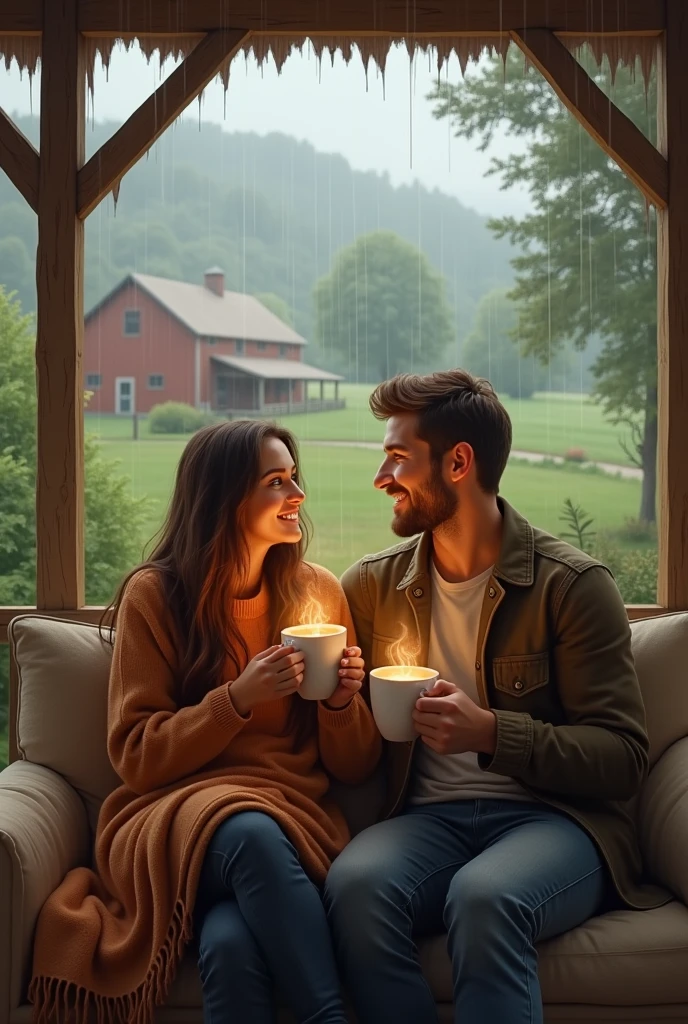 A happy couple, watching the rain in the rural landscape, sitting on a sofa on the porch of a house on the farm drinking coffee. Use a blanket.