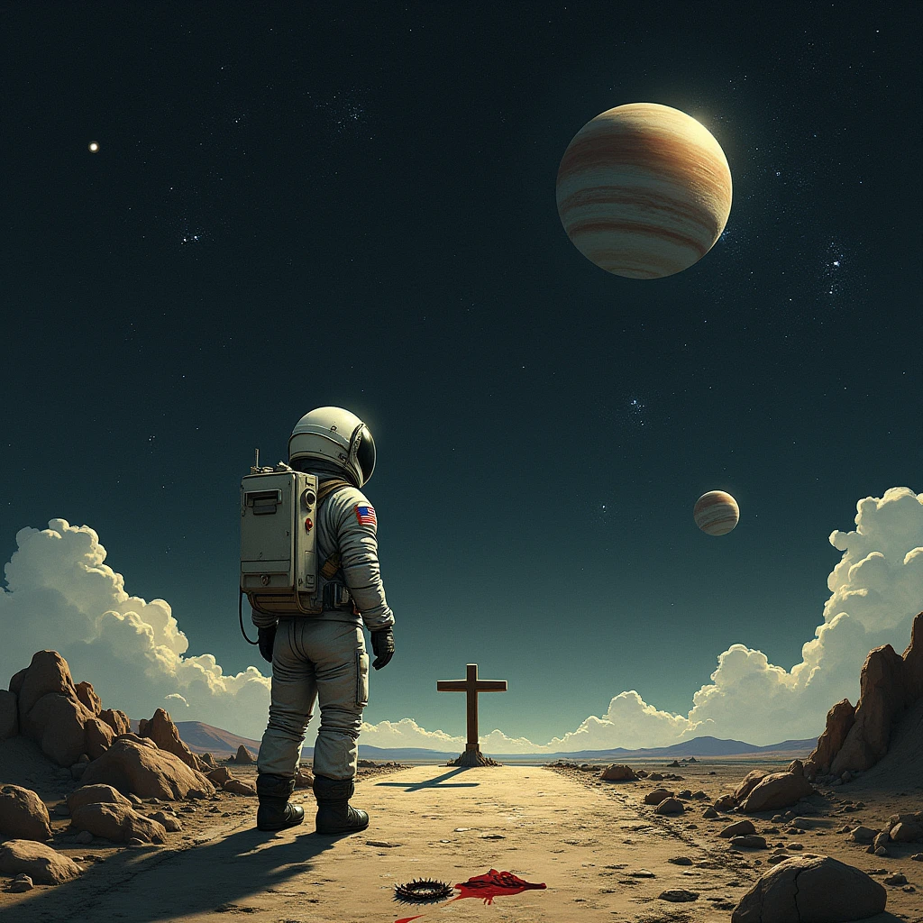 an astronaut , A rocky road, a cross at the end of the road ,a crown of thorns on the floor , a garment thrown on the ground , a small blood mark, in outer space, planets , galaxies , constellations , stars