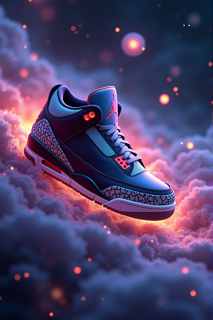 A photo of a Jordan Retro 3 tennis shoe with a multi-color design. The shoe is on bright, burning fire in the middle of a dark galaxy. The galaxy has wavy patterns of black, purple, blue and pink. There are also floating and glowing orbs., In addition to shooting stars. The background contains a cosmic scene with stars and nebulas.