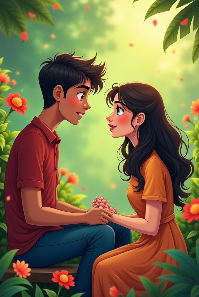 Love Confession:
"A lush college garden, with vibrant flowers and greenery all around. Aniket and Priya are seated on a bench. Aniket, with a mix of nervousness and determination, looks into Priya’s eyes as he confesses his love. Priya, surprised yet happy, smiles gently, her eyes sparkling with emotion as she listens."