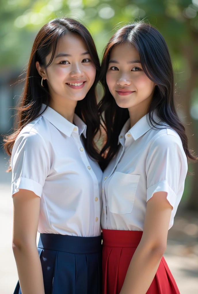Two beautiful female students: the first Thai female student, aged 18-19 years old, wearing a Thai school uniform; the second Lao female student, aged 18-1, wearing a Lao school uniform, standing for a photo, smiling beautifully, a picture of a person.
