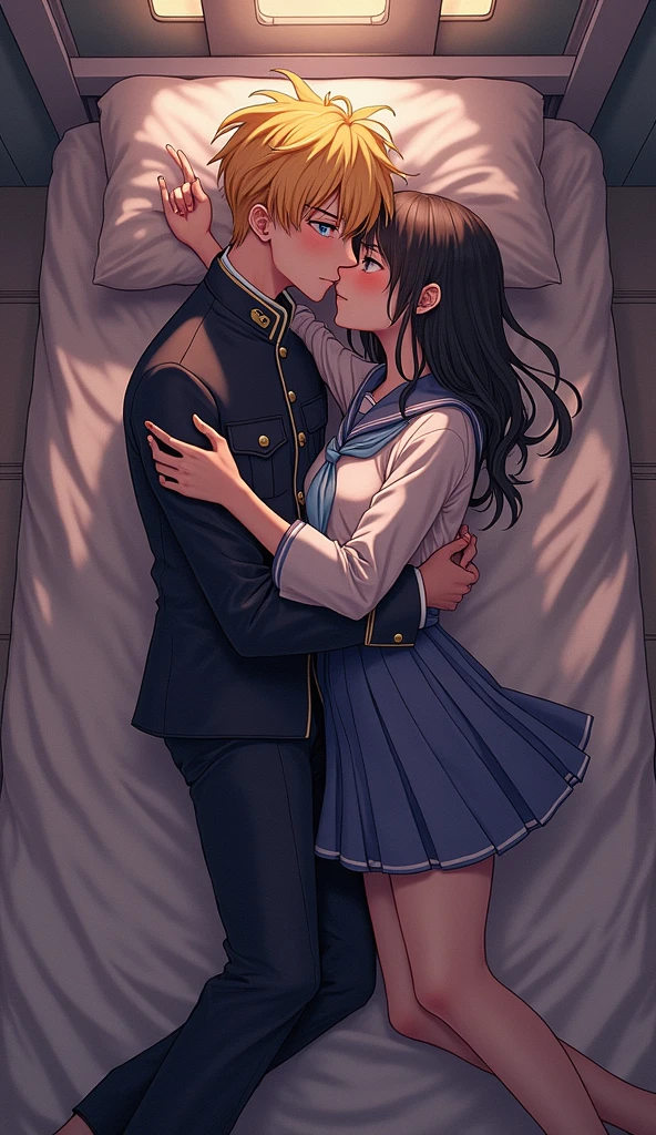 (32K:1.9, Photorealistic:1.9, Highest quality, masterpiece, Ultra-high resolution), Perfect dynamic composition:1.3, Highly detailed skin and facial textures:1.3, (Cute sexy slim Japanese schoolgirl, Height: 155cm), (Slim man, Length 180cm), ((Both of them lie on the bed, A man gives a woman a pillow:1.3, to kiss:1.4)), Fair skin, ((Clarity:1.1)), (The guy has a great uniform:1.3, Bright yellow hair, beautiful目:1.3), (The woman is wearing a uniform with a light blue tie..:1.3, Straight black hair.:1.3, smile:0.9, A man completely charms a woman:0.9, beautiful Blue Eyes, beautiful, Clear Eyes:0.8), Sexy Face:0.4, blush:1.1, (beautifulエロティシズムを醸し出す雰囲気:0.8, Professional random camera work, Cinematic Lighting Effects, romantic, mysterious), (Too erotic), Object of admiration, original, dramatic, artistic, Innovative, charm, Heartful, Fancy, Tilt, sense of loss, special, exciting, Extreme, sense of openness, joy, joyの表現, ((若さのcharm, 女性的なcharm))