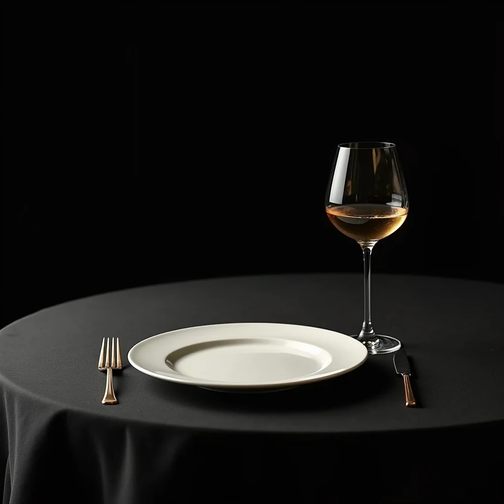 Table with plate and glass of wine seen from above high angle. Black background still life 