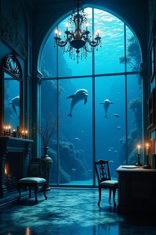 Gothic architecture, chandelier, black and blue atmosphere, house in the sea、The windows are big and fish are swimming outside、mirror、Decorative Picture Frame、The ceiling has a black iron lattice.、The room is separated from the sea by a glass window.、Study、fireplace、The floor is also transparent、Candles、Desk and bookcase、Dolphins swimming below