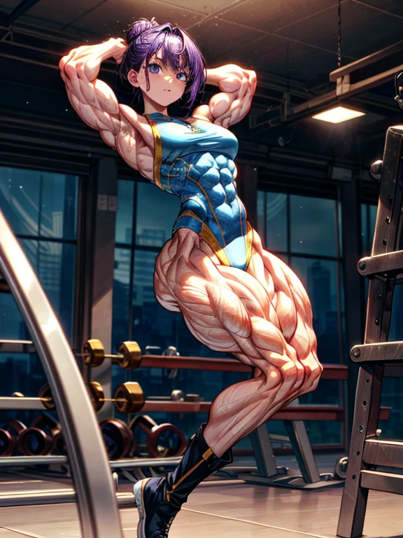 (BEST lighting) , (ultra intricately detailed) , 4K unification, (super-detailed CG: 1.2) , (8K: 1.2),(Original), (Masterpiece) , (Best quality),(Masterpiece:1.4),Anime-ish high quality,(Masterpiece),Masterpiece, Best quality, absurderes,((masterpeace, 4K, 8K, Yes, A high resolution))1girll,ssmile,Just one person,She's in the studio,brassier, expose arms,Exposing the abdomen,Protruding blood vessels on the arm,Green tendons bulge,Spring, Boots, Perfect figure, Short purple asymmetrical hair, Sweat, ((body builder:1.5)),The strongest in the world,Practice dance studio background,(Beautiful bace),(Girl),(Female),(((The whole body of the machine:1)))
