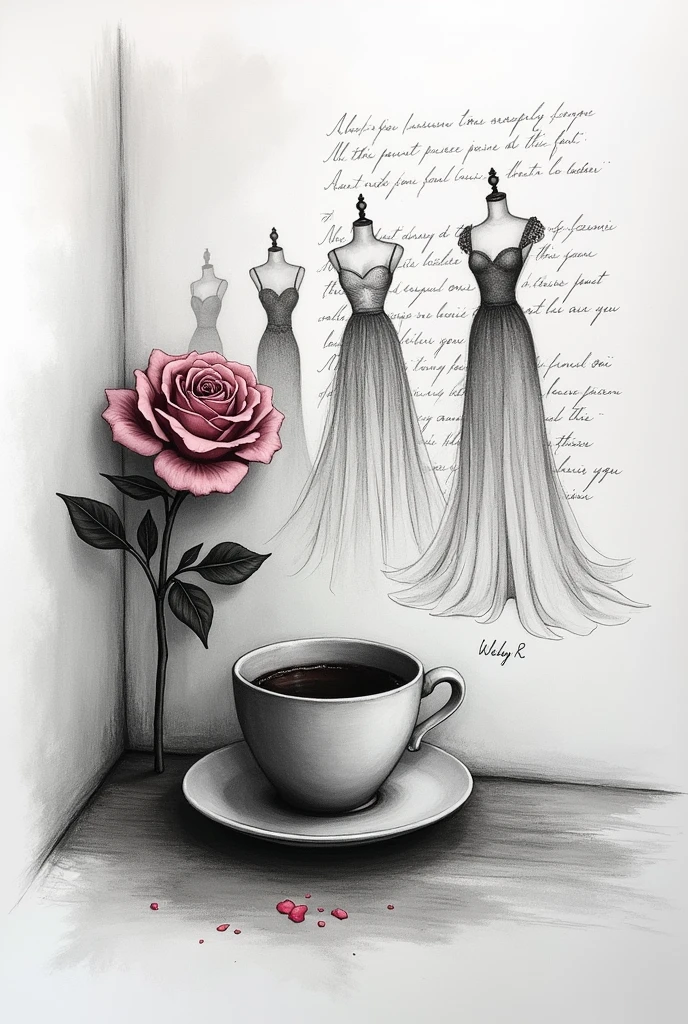 Create a charcoal pencil drawing of a rose and a cup of coffee with a picture of dress designs and a name that says Welsy R. and on the side a note with the following poem In a corner of the soul, A sigh escapes,
I say goodbye to you, Even if it costs me a turn.
The “I’m sorry” you said, It sounds like a bad joke,
like a clown who trips and falls on the phallus.
You were my shining sun, my ray of joy,
and now i stay here, with this melancholy.
You liked cats, I the dogs barking,
but in this farewell, We both cry.
With every laugh of yours, My heart was laughing,
But now it's a joke that turns into agony.
I imagined you dancing, with flowers in her hair,
and now i'm a fool, looking at the ground.
So here's to you, with a glass of air,
for lost loves, that are pure disdain.
I will always remember you, Even though my chest hurts,
like a joke without grace, a love in the stretch.
Bye, dear friend, with a wink and a moan,
Even if the soul breaks, There will always be a moment.
In the circus of love, Even if there is a goodbye,
I carry you in my laughter, like a terrible echo.