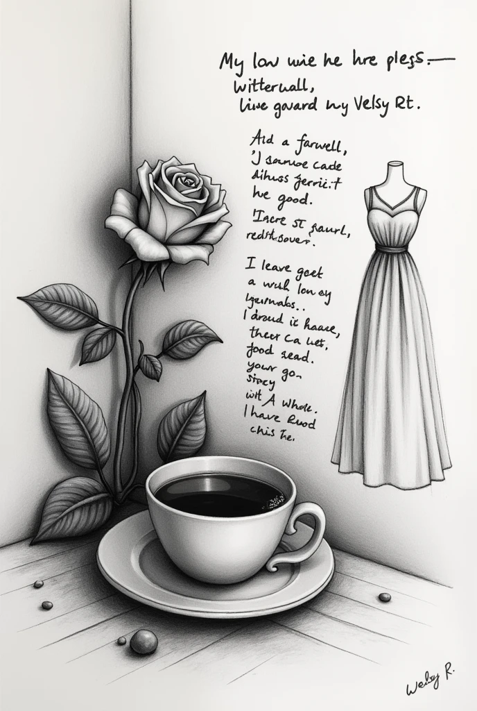 Create a charcoal pencil drawing of a rose and a cup of coffee with a picture of dress designs and a name that says Welsy R. and on the side a note with the following poem In a corner of the soul, A sigh escapes,
I say goodbye to you, Even if it costs me a turn.
The “I’m sorry” you said, It sounds like a bad joke,
like a clown who trips and falls on the phallus.
You were my shining sun, my ray of joy,
and now i stay here, with this melancholy.
You liked cats, I the dogs barking,
but in this farewell, We both cry.
With every laugh of yours, My heart was laughing,
But now it's a joke that turns into agony.
I imagined you dancing, with flowers in her hair,
and now i'm a fool, looking at the ground.
So here's to you, with a glass of air,
for lost loves, that are pure disdain.
I will always remember you, Even though my chest hurts,
like a joke without grace, a love in the stretch.
Bye, dear friend, with a wink and a moan,
Even if the soul breaks, There will always be a moment.
In the circus of love, Even if there is a goodbye,
I carry you in my laughter, like a terrible echo.