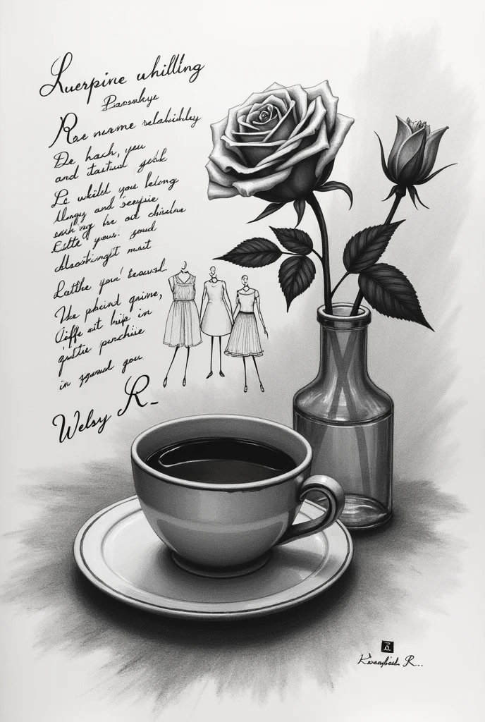 Create a charcoal pencil drawing of a rose and a cup of coffee with a picture of dress designs and a name that says Welsy R. and on the side a note with the following poem In a corner of the soul, A sigh escapes,
I say goodbye to you, Even if it costs me a turn.
The “I’m sorry” you said, It sounds like a bad joke,
like a clown who trips and falls on the phallus.
You were my shining sun, my ray of joy,
and now i stay here, with this melancholy.
You liked cats, I the dogs barking,
but in this farewell, We both cry.
With every laugh of yours, My heart was laughing,
But now it's a joke that turns into agony.
I imagined you dancing, with flowers in her hair,
and now i'm a fool, looking at the ground.
So here's to you, with a glass of air,
for lost loves, that are pure disdain.
I will always remember you, Even though my chest hurts,
like a joke without grace, a love in the stretch.
Bye, dear friend, with a wink and a moan,
Even if the soul breaks, There will always be a moment.
In the circus of love, Even if there is a goodbye,
I carry you in my laughter, like a terrible echo.